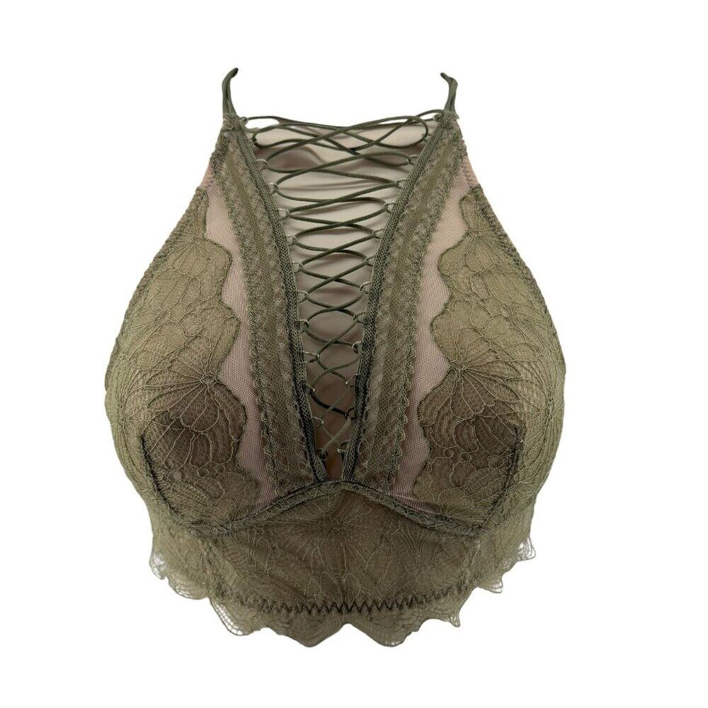 Victoria's Secret Very Lace-up High Neck Bralette Olive Lace Bra Small